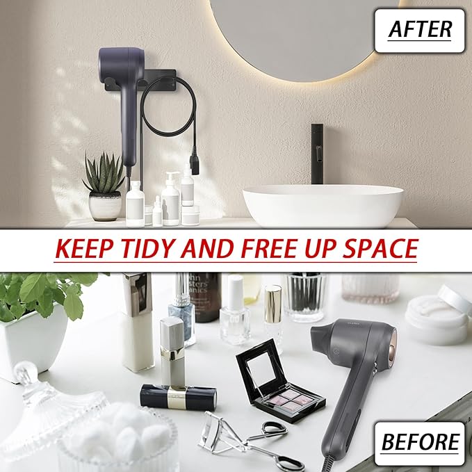 Hair Dryer Holder Wall Mounted 18/8 Stainless Steel Hair Dryer Blow Diffuser Rack Compatible with Dyson Hair Dryer, Space Organizer for Bathroom/Bedroom/Washroom/Barbershop, Self Adhesive(Black)