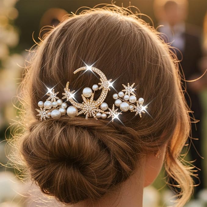 Kilshye Rhinestone Bridal Hair Pins Gold Pearl Wedding Hair Accessories Star Hair Pieces for Women (Pack of 3)