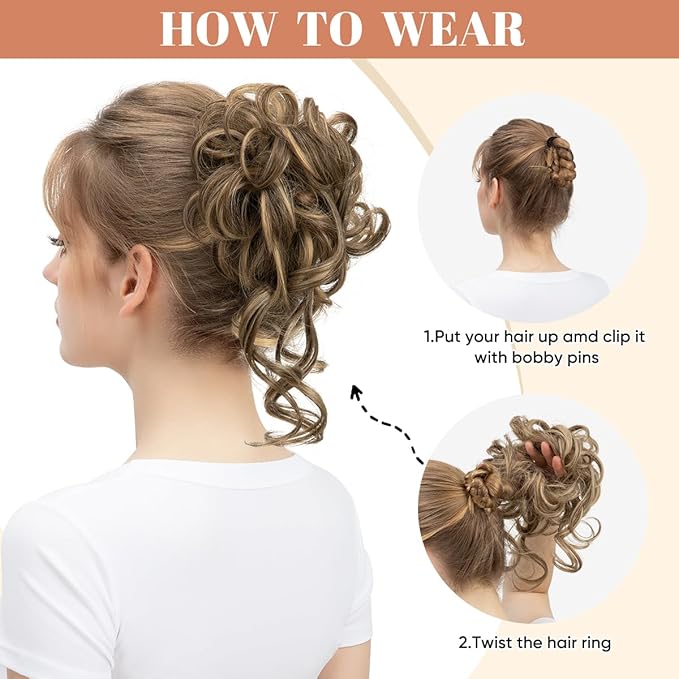 CJL HAIR 2PCS Messy Bun Hair Pieces Wavy Curly Synthetic Updo Chignon Fake Scrunchies Ponytail Extension for Women Pepper Brown