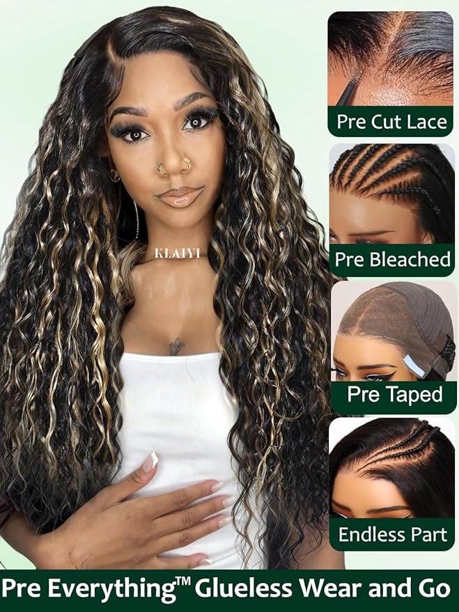 KLAIYI Ombre Highlight Blonde Water Wave Glueless Pre Everything 13x4 Lace Front Wigs Human Hair Drawstring Pre Plucked Pre Bleached Bye Bye Knots Curly Wig with Dark Roots Ready to Wear and Go 26Inch