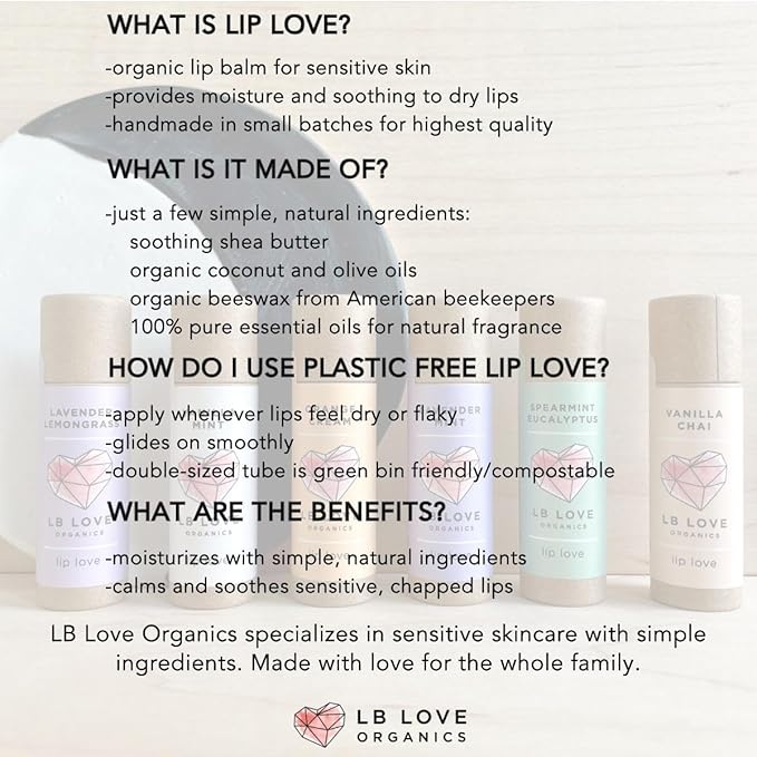 Plastic Free Lip Love | Jumbo Organic Lip Balm | Organic Beeswax and Plant Based | Zero Waste Natural Lip Balm (Vanilla Rose)