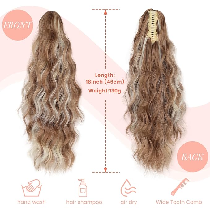 Claw Clip Ponytail Extension 18" for Women Wavy Pony Tail Clip in Hair Extensions Fluffy Natural Looking Synthetic Hairpiece for Daily Use (Honey Gold Mixed Light Blonde)