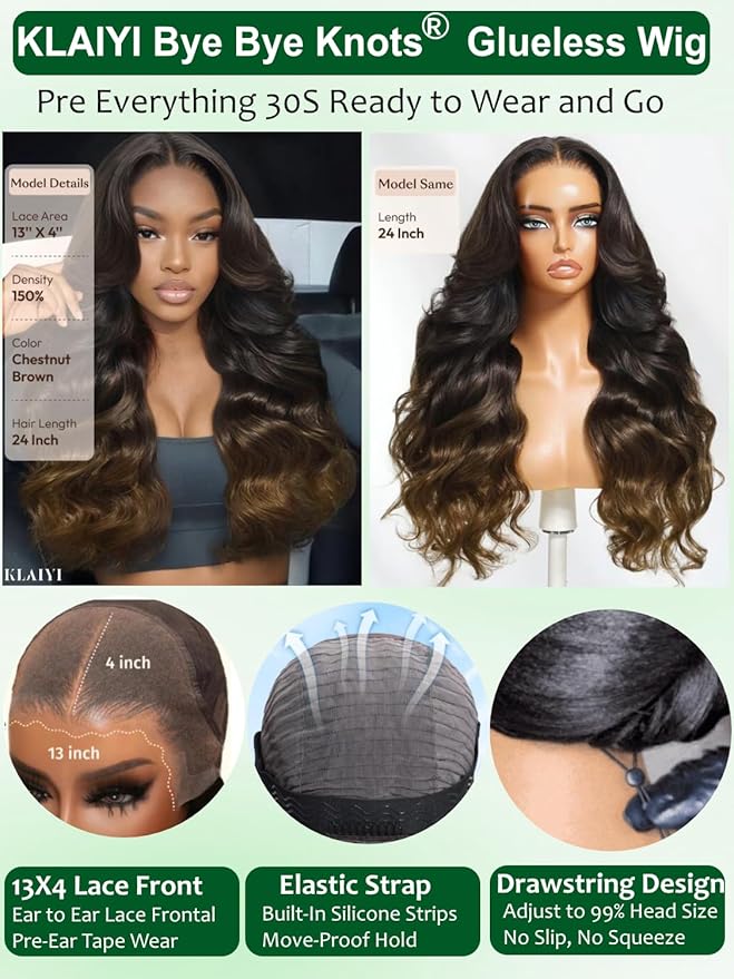 KLAIYI Ombre Brown Loose Body Wave 13x4Pre Everything Lace Frontal Chestnut Brown Drawstring Wig with Face Framing Layers Precut Lace Pre Plucked Bleached Bye Bye Knots Ready to Wear and Go Wig 22Inch