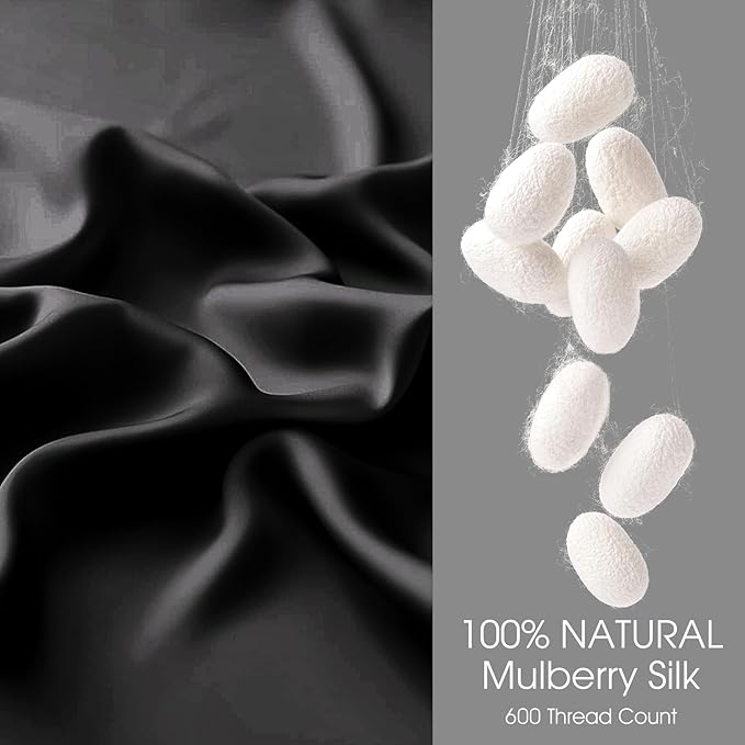 100% Silk Pillow Cases 2 Pack Queen Size Mulberry Silk Pillowcase for Hair and Skin Set of 2 Highest Grade 6A Silk Soft Breathable Cooling with Hidden Zipper, Black