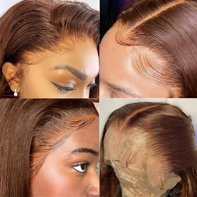 200% Density Chocolate Brown Human Hair Wigs 13x4 Body Wave Lace Front Wig Pre Plucked Chestnut Brown Colored Human Hair Wigs For Women HD Transparent Lace Front Wig 24 Inch