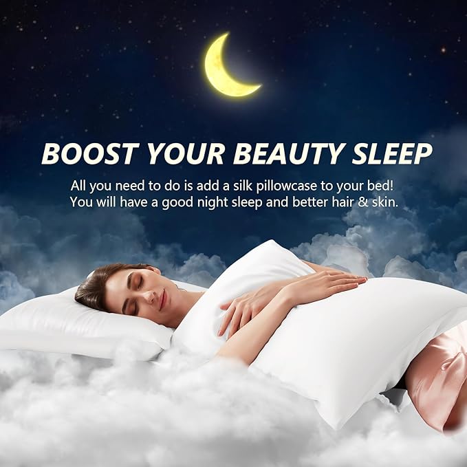 Silk Pillow Cases 2 Pack Queen Size Mulberry Silk Pillowcase Set of 2 for Hair and Skin 30 x 20 Inches 22 Momme Both Side Grade 6A Silk Soft Breathable Cooling with Hidden Zipper, White
