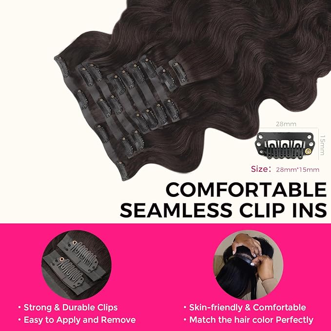 Lashey Seamless Clip in Hair Extensions Human Hair 150g 9pcs 20 Inch Body Wave #2 Dark Brown Clip in for Women PU Weft Hair Extensions
