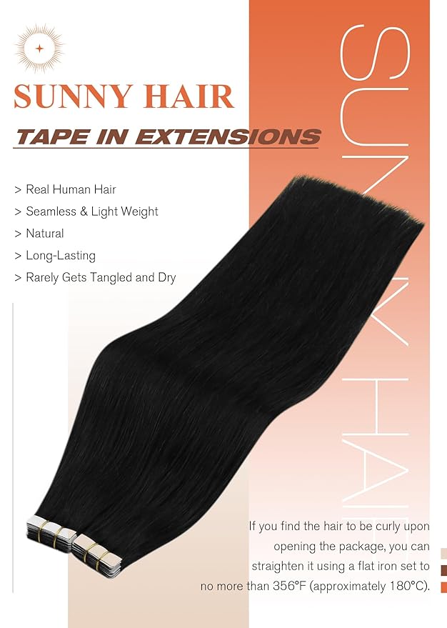 Sunny Hair Tape in Hair Extensions Human Hair 16inch Hair Extensions Real Human Hair Tape in Extensions for Women Jet Black Invisible Remy Hair Natural Straight Skin Weft Double Sided Tape 40pcs 100g