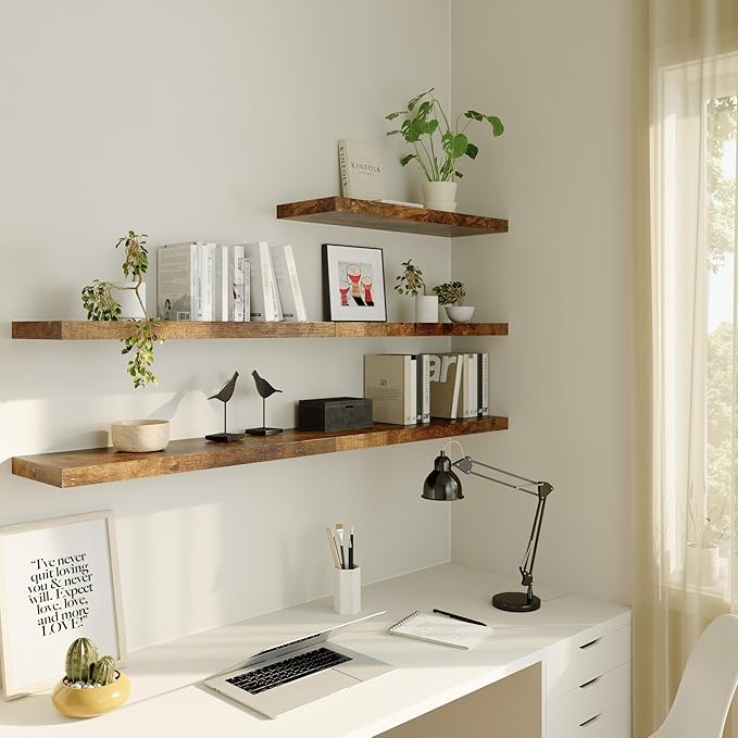 Large Floating Shelves for Wall Set of 3 Wooden Wall Shelves 36 in x 12.75 in x 2 in Room Decor Long Shelf with Invisible Wall Mount Bracket for Bedroom Kitchen Living Room Rustic Brown