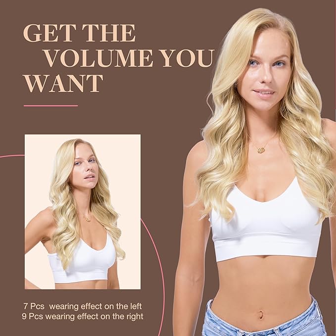 GOO GOO Clip in Hair Extensions Real Human Hair, Remy Human Hair Extensions Clip ins for Women, Natural Human Hair, 16inch 150g 9Pcs, 18A/613A Dark Blonde Highlighted Bleach Blonde