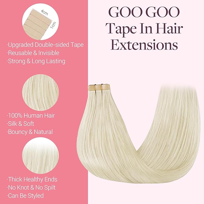 GOO GOO Tape in Hair Extensions Human Hair, 60A Platinum Blonde, 12inch 40g 20pcs, Skin Weft Seamless Invisible, Silky Straight with Thick Ends, Remy Human Hair