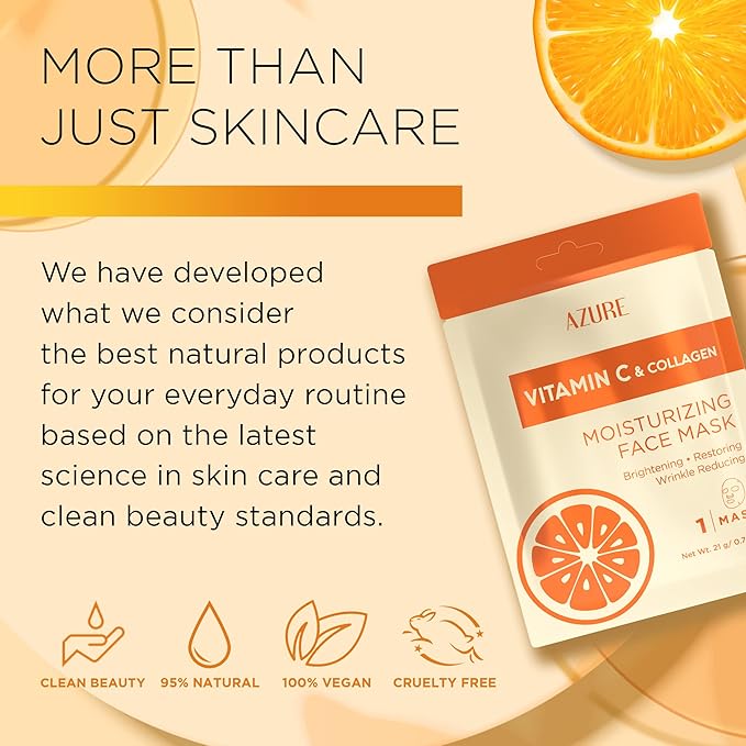 Azure Cosmetics Vitamin C & Collagen Moisturizing Facial Sheet Mask- Anti Aging, Deeply Moisturizing & Firming - Improves Elasticity - Skin Care Made in Korea - Pack of 5