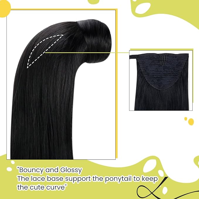 RUNATURE Black Ponytail Extension Human Hair, Clip in Ponytail Hair Extensions for Women, Comfortable Lace Ponytail Extension, Long Straigth Hair, Wrap Around, 18 Inch 80g #1 Jet Black