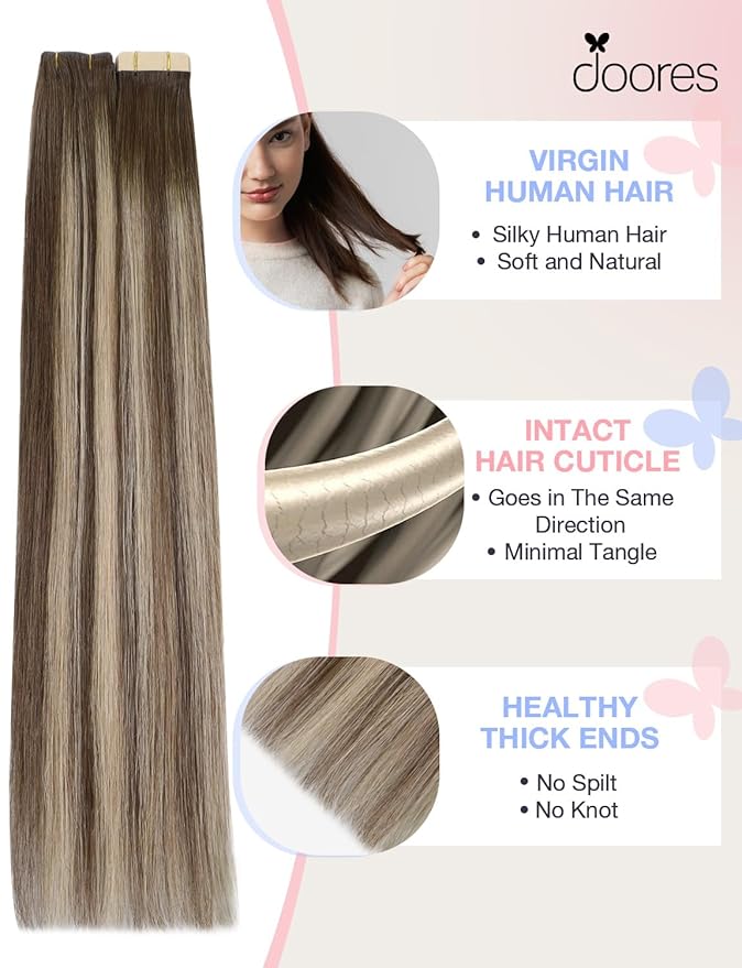 DOORES Invisi Edge Tape in Hair Extensions Human Hair, Chocolate Brown to Honey Blonde 10 Injection Tape-ins with 10 Classic Tape-ins 50g 16 Inch, Virgin Tape in Extensions