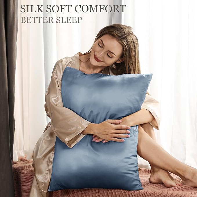 Adubor 100% Silk Pillowcase - Mulberry Silk Pillow Cases, 23 Momme 6A Grade Fibers, Silk Pillow Case for Hair and Skin Health, with Hidden Zipper (Standard 20''×26'', Gray Blue, 1PC)