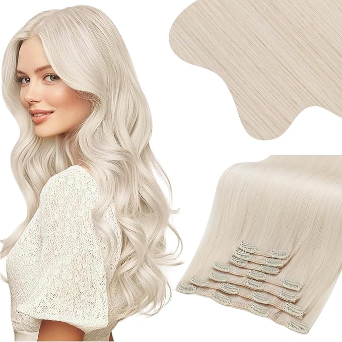 Moresoo Clip in Hair Extensions Remy Double Weft Human Hair Clip in Extensions Straight Hair Extensions for Women White Blonde #60A 7pcs 135g 18inch