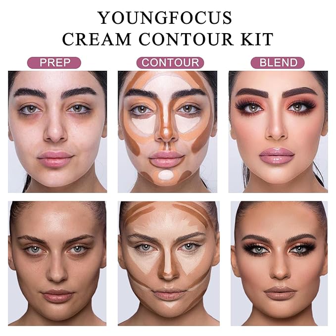 Youngfocus Cosmetics Cream Contour Best 8 Colors Contouring Foundation - Highlighting Makeup Kit/Concealer Palette - Vegan, Cruelty Free and Hypoallergenic - Instruction Manual（Face Blushes）