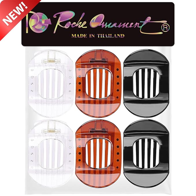 RC ROCHE 6 Pcs Flat Claw Hair Clips for Women Thick Hair French Round Duckbill Square Secure Strong Hold Grip Clamps Barrettes Curved No Slip No Crease Styling Cute, Medium Black, Brown & Transparent