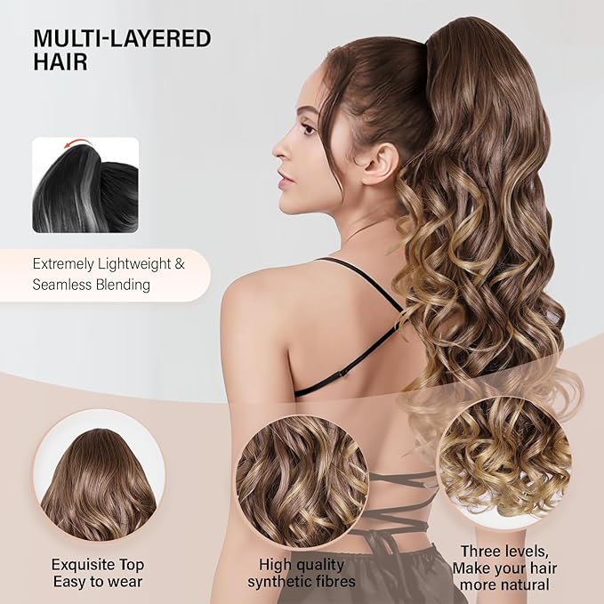 24 Inch Ponytail Extension, Layered Ponytail Extensions for Women, Soft Wavy Claw Clip in Ponytail Extension, Natural Synthetic Hair Pieces for Women (Color: Light Brown With Golden Ends)