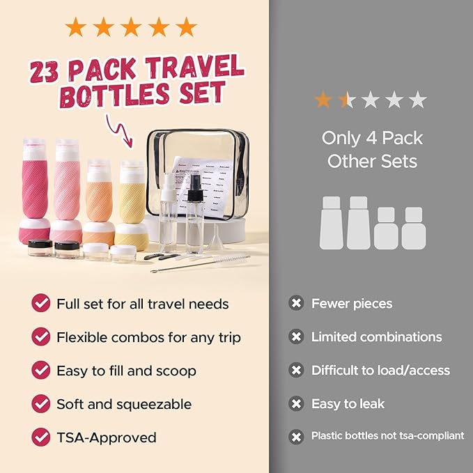 LitBear 23 Pack TSA Approved Travel Bottles for Toiletries, Leak Proof Refillable Travel Size Containers Kit with Silicone Squeezable Bottles Jars for Shampoo Lotion Conditioner, in Clear Bag, Pink