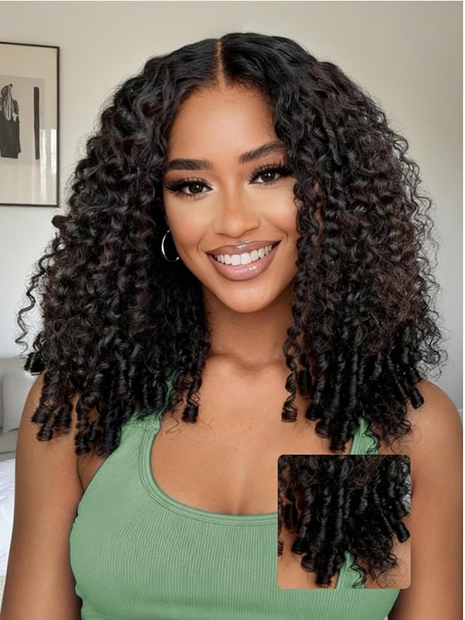 YIROO Burmese Bye Bye Knots Curly Wig Human Hair with Finger Coil Ends,Glueless Wig Human Hair Pre Plucked Pre Cut 7x5 Lace Front Wig Pre Bleached Wear and Go Beginner Friendly 150% Density 26Inch
