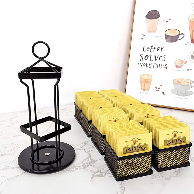 Tea Bag Organizer Coffee Holder Storage Spinning Carousel Basket Black Adjustable Tea Caddy For Kitchen Counter, Countertop, Cabinet