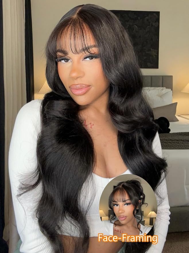 Julia Hair Bye Bye Knots Curtain Bangs Wig Glueless Fluffy Natural Loose Wave Pre Cut 7x5 HD Lace Front Wigs Invisible Pre Plucked Pre Everything Body Wave Put on and Go Wig for Women 16 Inch
