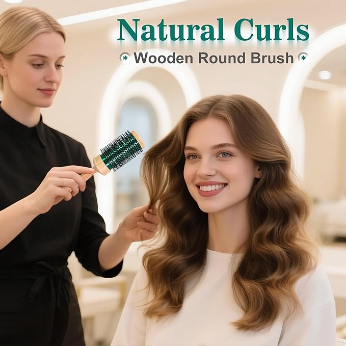 SUNBIRD Round Brush for Blow Drying - Wood Handle Professional Blowout Brush with Aluminium Ceramic Ionic Thermal Barrel for Smooth Hair, Volume & Heat Wave Curly Styling (Outer Diameter2.75Inch)