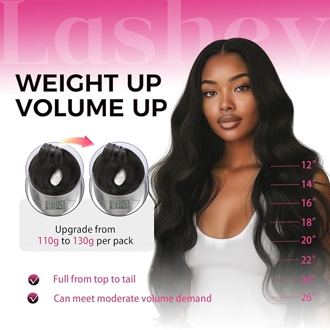Lashey Seamless Clip in Hair Extensions Human Hair 130g 7pcs Body Wave 22 Inch Natural Black Thick Remy Hair Extensions with Full End