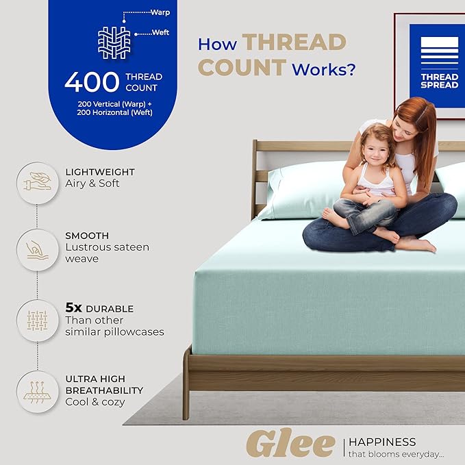 THREAD SPREAD 100% Cotton Pillowcases Standard/Queen Size Set of 2-400 Thread Count Cotton Pillowcases, Ultra Soft Cool Sateen Weave Pillow Cases for Sleeping, Set of 2 Pillow Covers (Sea Foam)