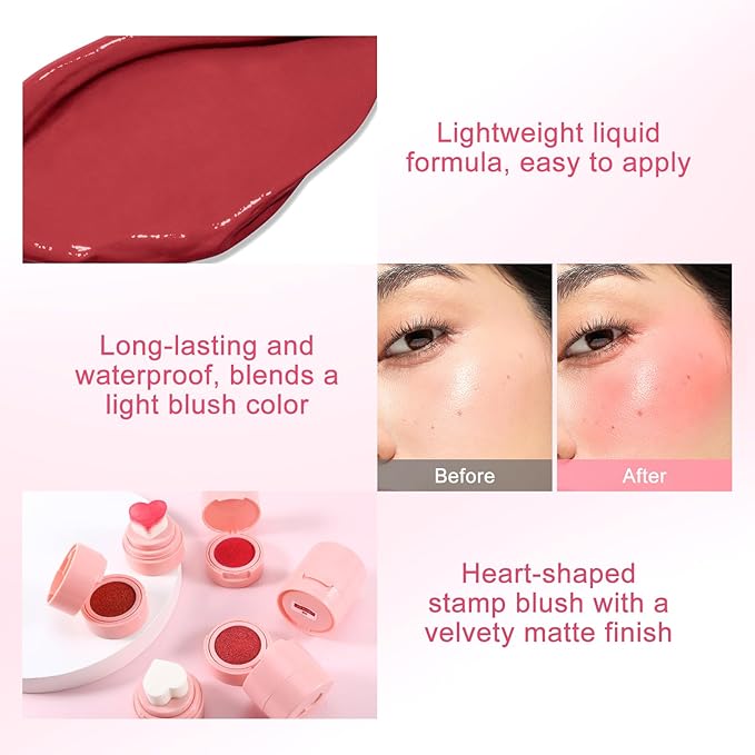Boobeen Liquid Blush for Cheeks, Buildable & Blendable Face Blusher, Cheek Stamp Blush with Heart-shaped Applicator, Lightweight Air Cushion Blush for Velvet Matte Finish