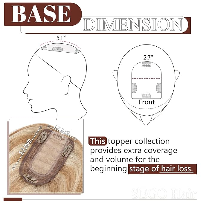 SEGO Real Human Hair Topper for Women without Bangs, Hair Topper with Anti-Slip Clips (6 Inch#12/613 Golden Brown Mix Bleach Blonde)