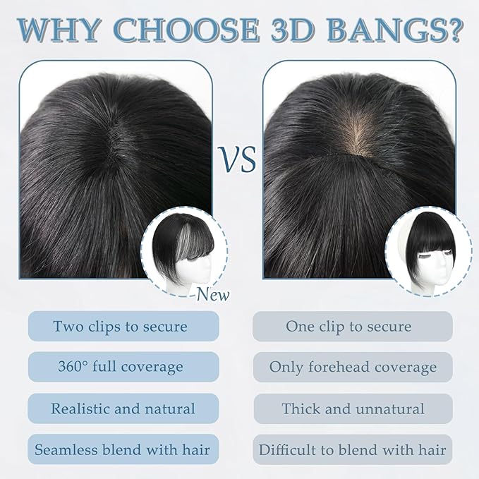 Clip in Bangs Real Human Hair 360° Cover French Bangs Black Bangs Hair Clip 3D Fake Bangs with Fringe Hairpieces for Women Daily Wear