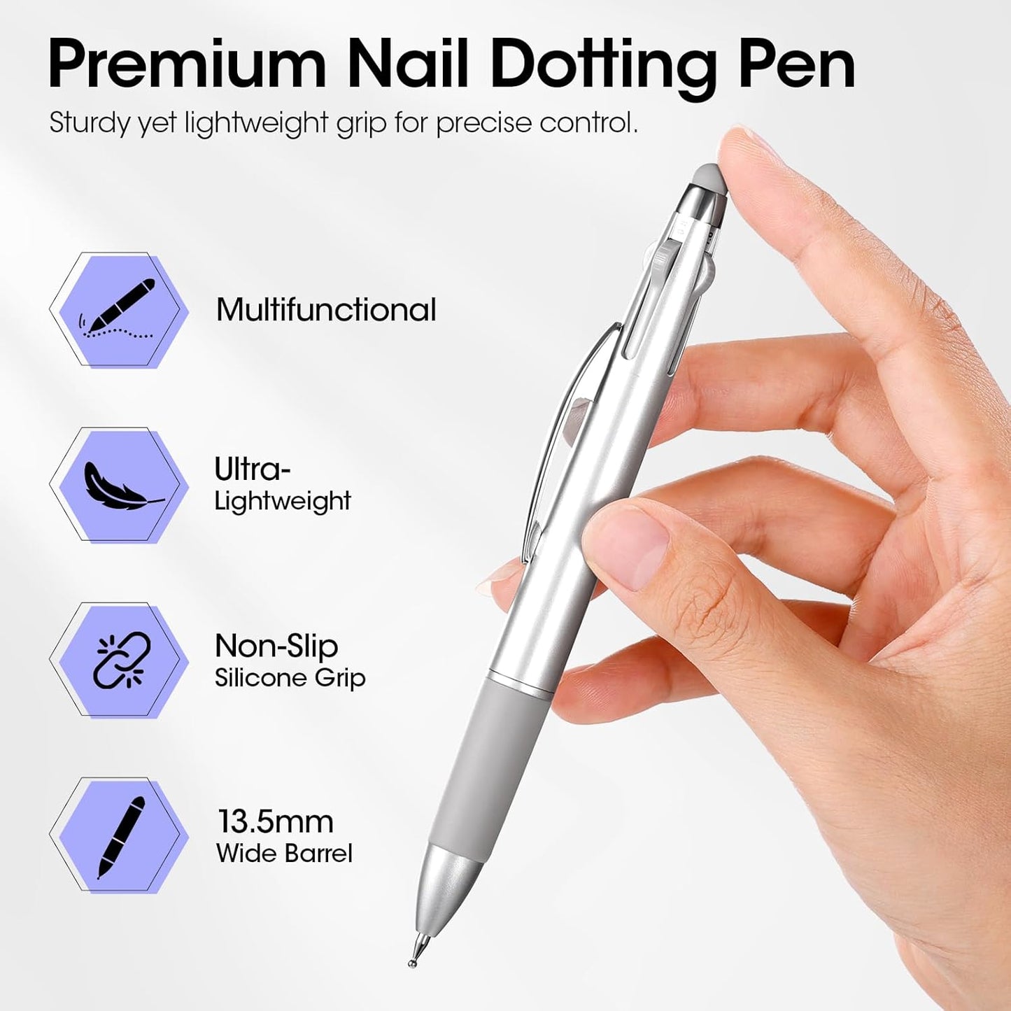 Gellen 5-in-1 Nail Dotting Pen with Ballpoint Pen Design & Nail Rhinestones, Double-end Nail Dotting Tools for Dotting, Gems, Gradient, Chrome Powder, DIY Manicure Home Salon Nail Art Tools