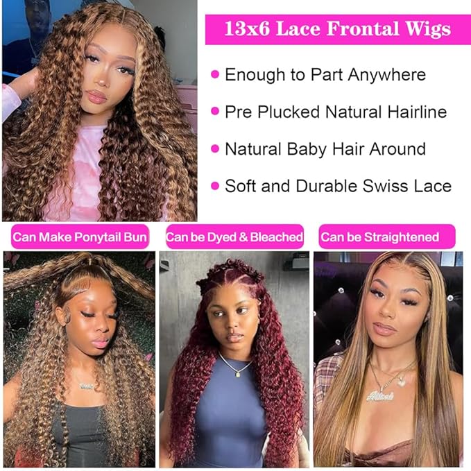 30inch Highlight Ombre Lace Front Wig Human Hair 13x6 HD Honey Blonde 4/27 Deep Wave Lace Frontal Wigs Glueless Wigs Human Hair (4/27 Honey Blonde, 34inch)
