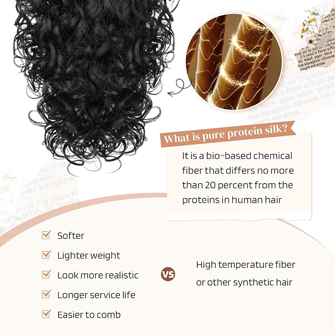 Flufymooz 100％ Pure Protein Ponytail Extension, 18 Inch Curly Claw Clip Ponytail Hair Extensions Natural Soft pony tail hairpiece for women-Black Brown