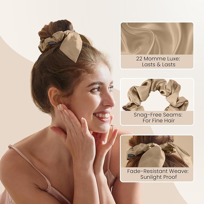 THXSILK 100% Mulberry Silk Bow Scrunchies 3-Pack, 22 Momme Mulberry Silk Hair Ties for Women, Cute Bunny Ear No Damage Ponytail Holders, Fashion Hair Accessories for Girls(M, Taupe)