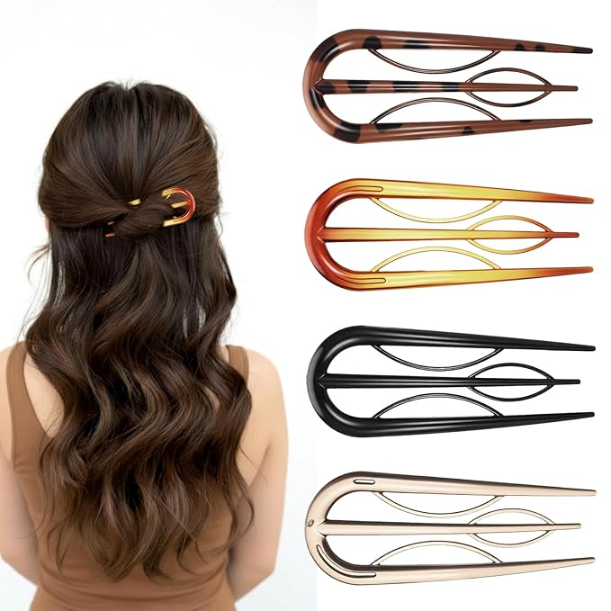 4 Pcs Hairpins Hair for Women Fine Thin Hairs, Large Styling Pins for Thin Thick Hairs, Prestige French Twist Hair Pin, Plastic French Twist Pin with 3 Inner Teeth Design for Women