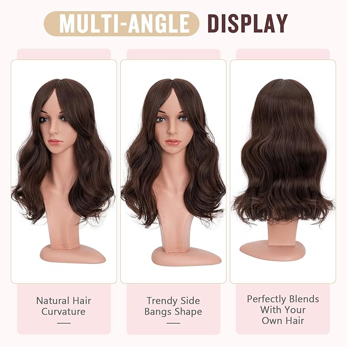Hairro 18 Inch Long Hair Toppers Wavy with Side Bangs for Women, Clips In Synthetic Hairpieces Capless, for Adding Volume/Birthday/Party/Halloween/Cosplay Dress Up, Dark Brown