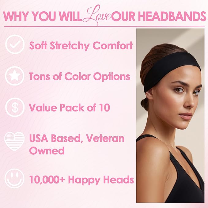 Styla Hair Headbands for Women Stretch Fashion Head Bands 10 Pack Non-Slip Head Wraps Great for Spa, Sports, Yoga, Pilates, Running, Gym Headband, Workouts (Dark)