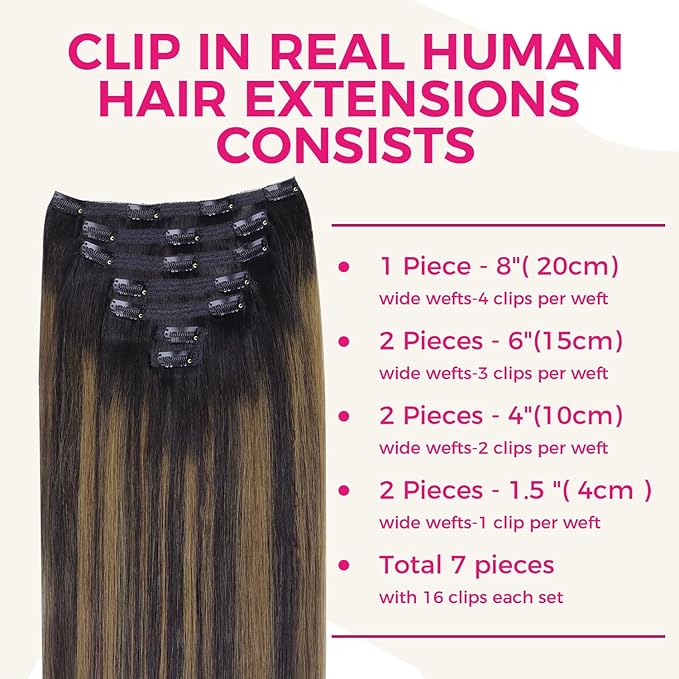 Lashey Clip in Hair Extensions Straight 7pcs 120g Human Hair Clip in Extensions Natural Black Mixed Chestnut Brown Real Human Hair Extensions for Black Women 20 Inch