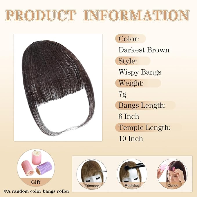 NAYOO Bangs Hair Clip- Darkest Brown Fake Bangs 100% Real Human Hair Extensions Wispy Bangs for Women Fringe with Temples Hairpieces Curved Bangs for Daily Wear (2# darkest brown, Wispy Bangs)