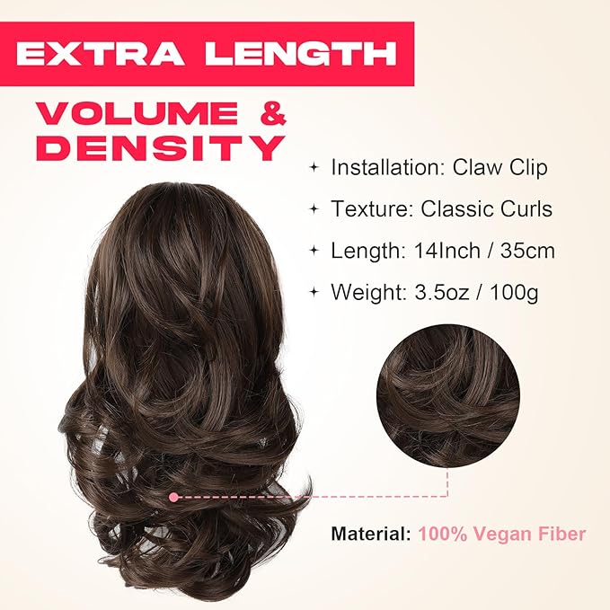 Ponytail Extension - 14" Claw Clip in Ponytail Hair Extensions Natural Soft Synthetic Layered Wavy Pony Tail Hair Pieces for Women - Chocolate Brown