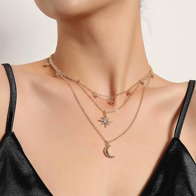 Bohemia Layered Star Choker Necklace Crescent Moon Pendant Necklace Chain Crystal Star Choker Necklace Gold Moon Necklace Jewelry for Women and Girls