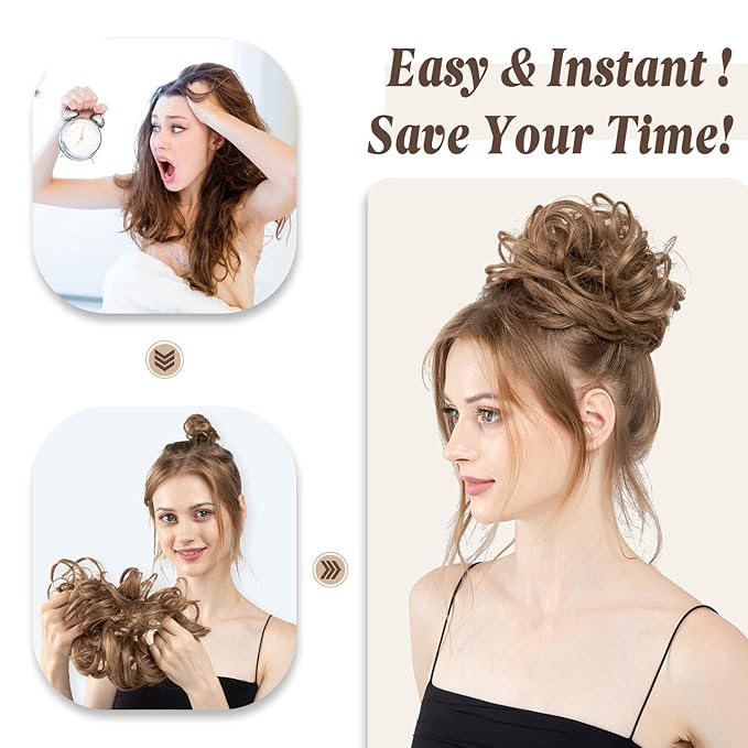 CJL HAIR Large Messy Bun Hair Piece Wavy Curly Scrunchies Synthetic Chignon Ponytail Hair Extensions Thick Updo Hairpieces for Women Ash Blonde