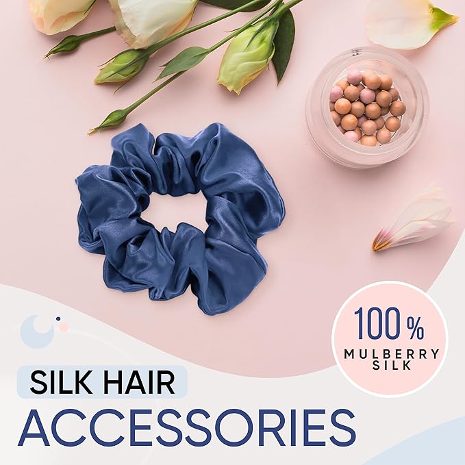 Blissy Silk Scrunchies (3 Pack) - 100% Pure Mulberry Silk - 22 Momme 6A High-Grade Fibers Scrunchie for Straight & Curly Hair - Preventing Breakage, Tangling, & Creasing (Blue Skinny)