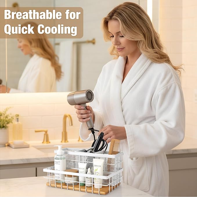 1 Pcs Hair Tool Organizer Countertop Breathable Metal & Bamboo Hot Tools Organizer Under Sink Bathroom Hair Dryer Holder Countertop Brush Comb Holder,makeup tray (Natural Bamboo,White)