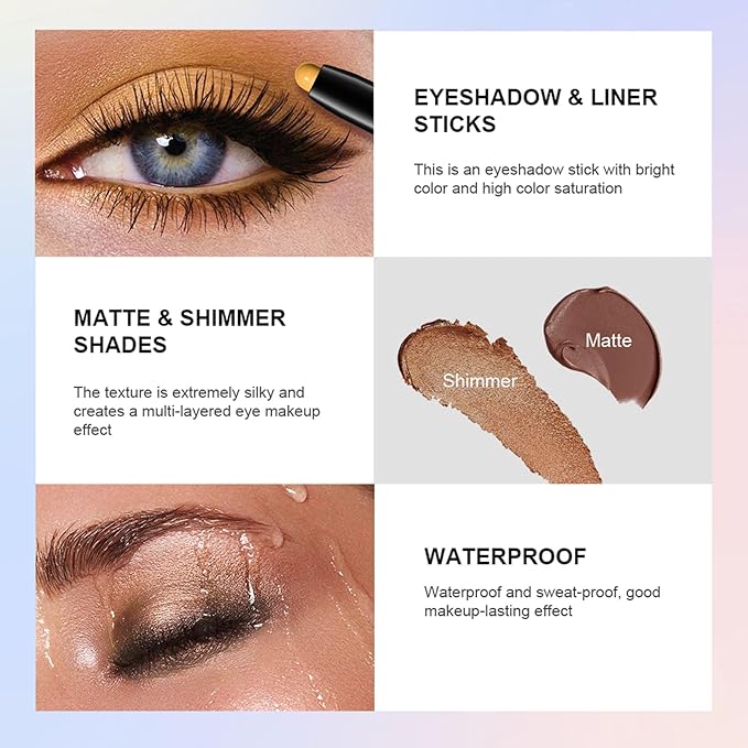 Eyeshadow Stick, Shimmer and Matte Cream Eye Shadow Brightener Sticks Eyeliner Pencil Crayon, Waterproof Long Lasting Eye Highlighter Stick Makeup,0.056 Oz(2PCS #1-Caramel+#9-Champagne)