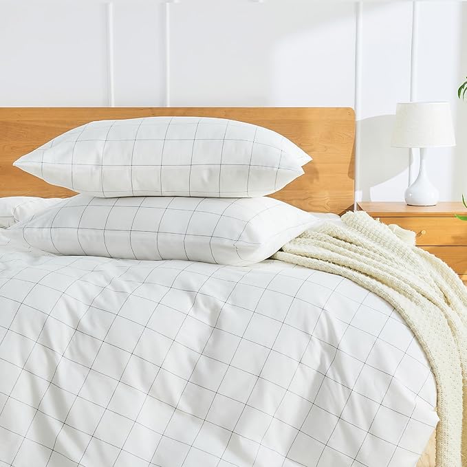 JELLYMONI 100% Natural Cotton Plaid King Pillowcases Set, 2 Pack White with Black Grid Geometric Pattern Printed Pillow Covers with Envelope Closure(Pillows are not Included)