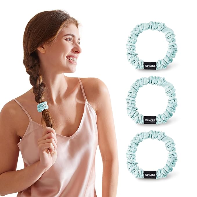 THXSILK 100% Mulberry Silk Scrunchies 3-Pack, 25 Momme Mulberry Silk Hair Ties for Women, Sleek Low Profile No Damage Ponytail Holders, for Fine Hair & Everyday Use, Ice Blue
